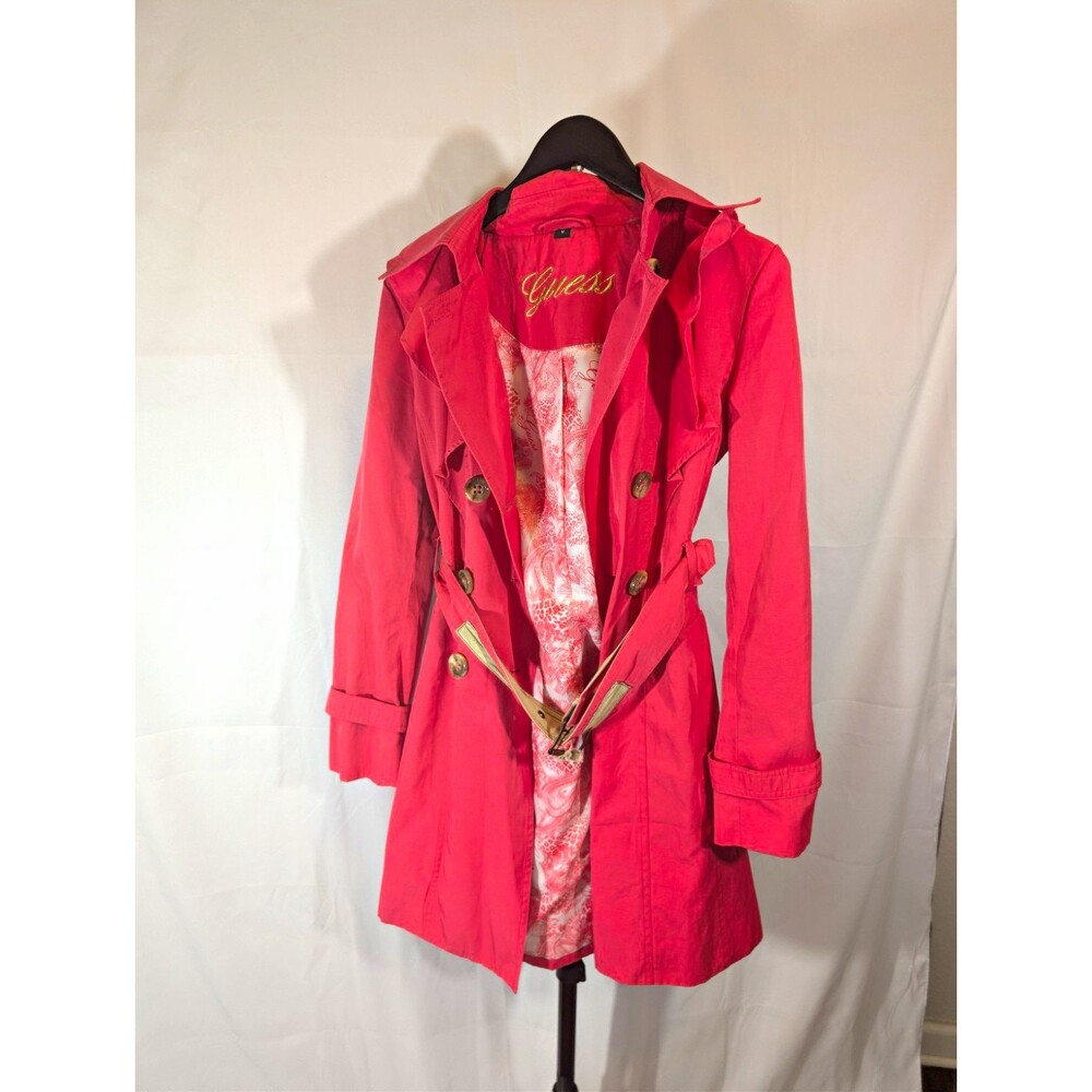 Vintage GUESS Pink Double Breasted Belted Trench Coat S Y2K Floral Lining Jacket